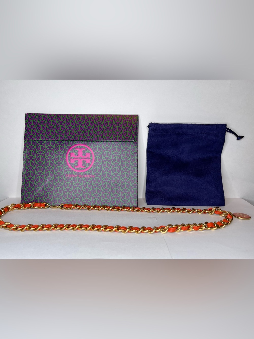 ✨ 🧡 TORY BURCH | Samba Orange Leather Woven Chain Logo Medallion Necklace ✨ 🧡